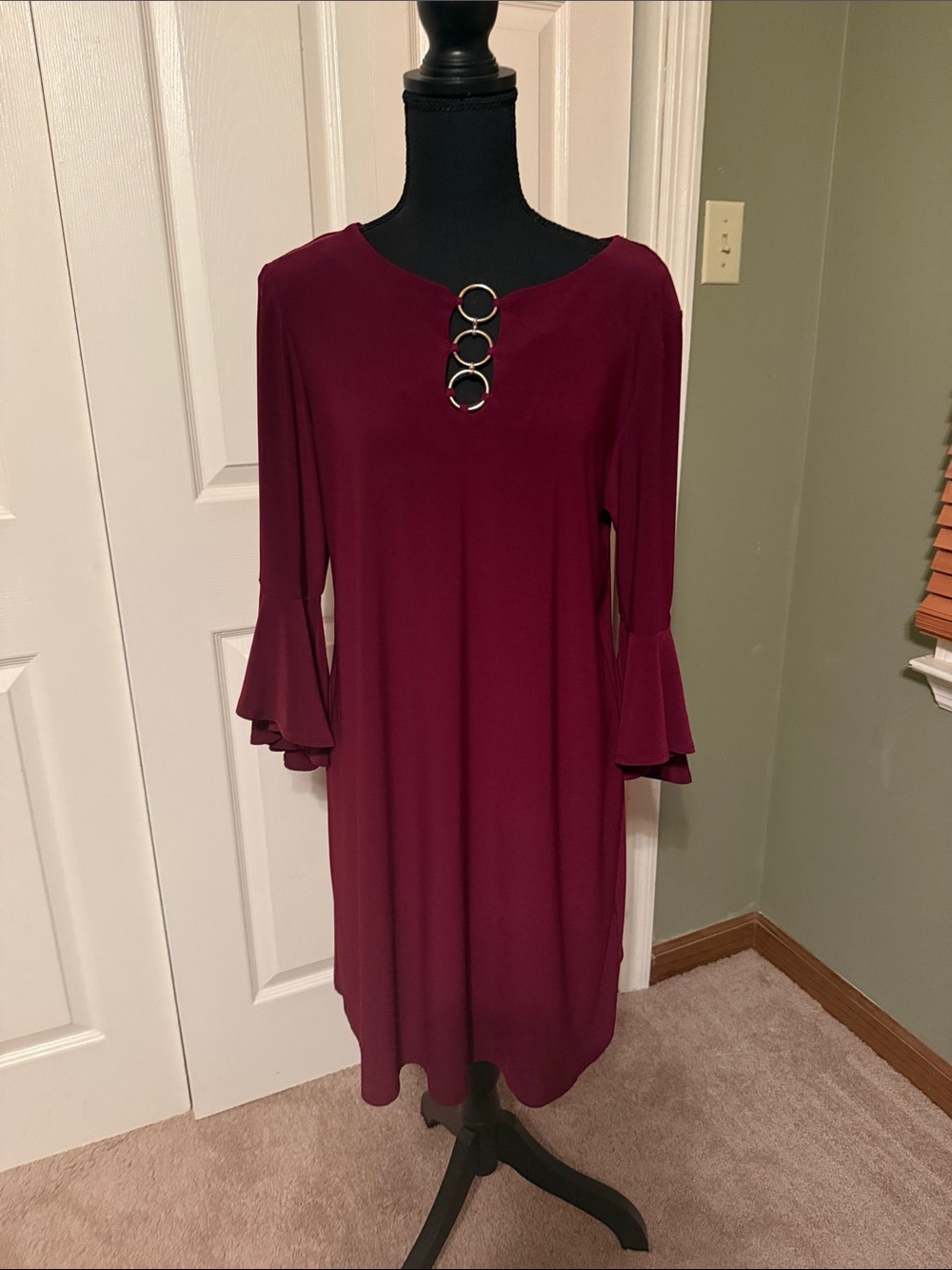 MSK  Women's Burgundy Ring-Accent Bell-Sleeve Dress